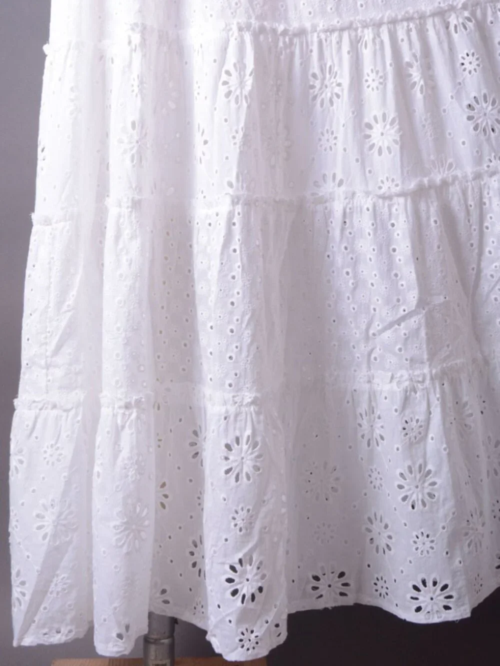 White Tiered Crochet Eyelet Fringe Bohemian Sleeveless Bow Summer Long Dress - Picture 5 of 11